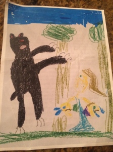 Illustration of Little B's SOS story about a black bear encounter with mom and her twin brother.